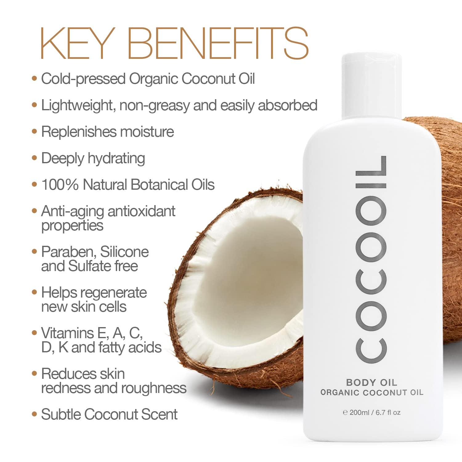 Organic Coconut Body Oil | Natural Botanical Oils, Lightweight, Non-Greasy, Reduces Skin Redness and Roughness | 6.7 Fl. Oz