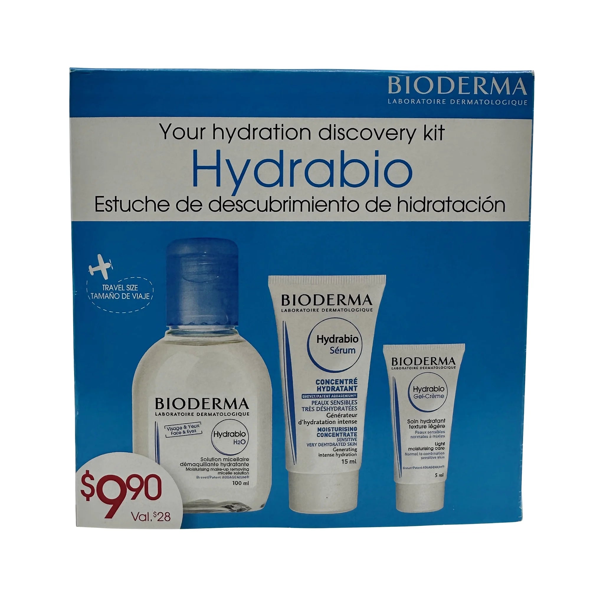 Hydrabio Hydration Discovery Set Micellar Solution 3.3 Oz, Serum 0.5 Oz & Hydrabio Gel Cream 0.16 Oz Sensitive Skin