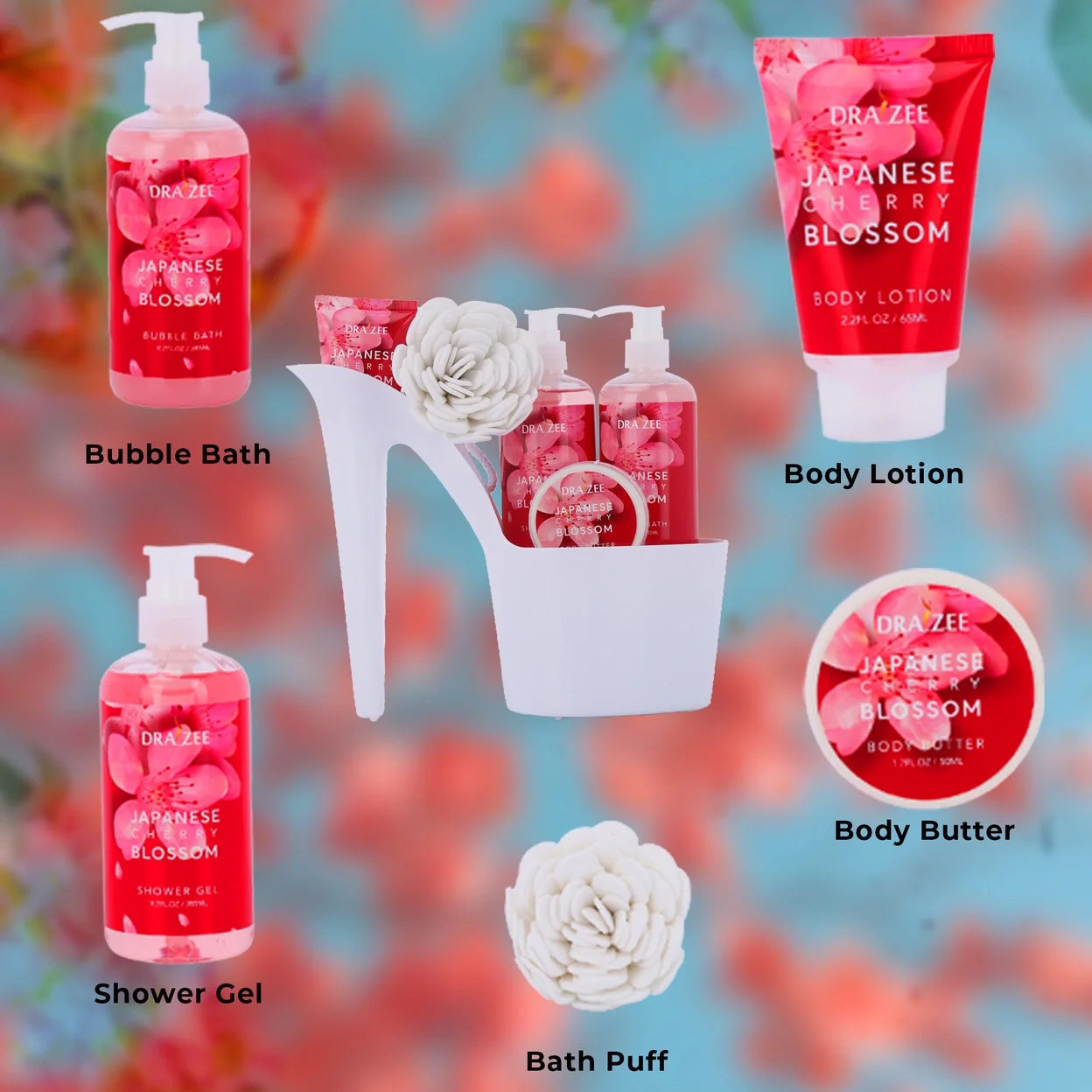 Heel Shoe Spa Gift Set � Cherry Blossom Scented Bath Essentials Gift Basket with Shower Gel, Bubble Bath, Body