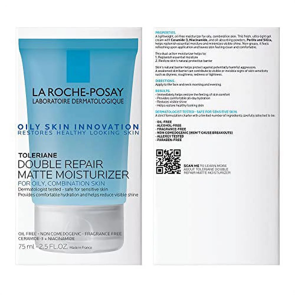 La Roche-Posay Toleriane Double Repair Matte Face Moisturizer, Daily Gel Moisturizer for Oily Skin Control with Niacinamide, Oil-Free, Non-Comedogenic, Moisturizing for Sensitive Skin