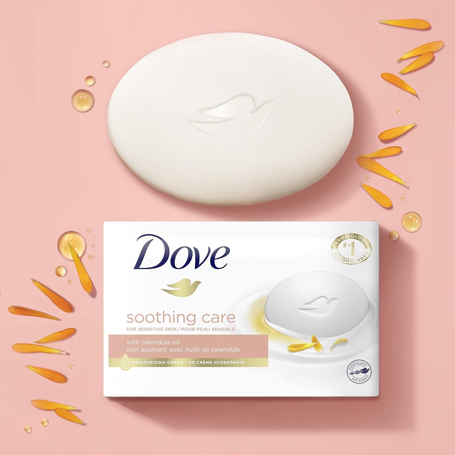 Dove Moisturizing Beauty Bar Soap for Sensitive Skin with Calendula Oil Effectively Washes Away Bacteria, Hydrating and Replenishing Skin Care 3.75 Oz 14 Bars