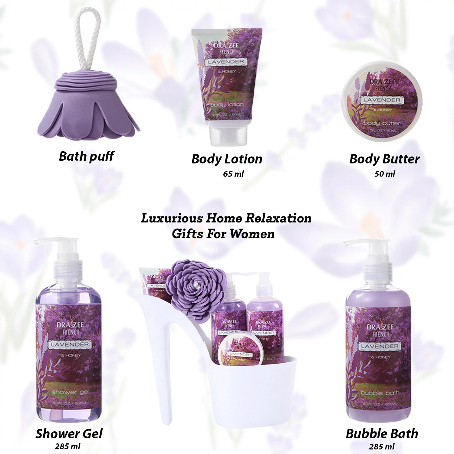 Heel Shoe Spa Gift Set – Lavender Scented Bath Essentials Gift Basket with Shower Gel, Bubble Bath, Body Butter, Body Lotion and Soft EVA Bath Puff – Luxurious Home Relaxation Gifts for Women