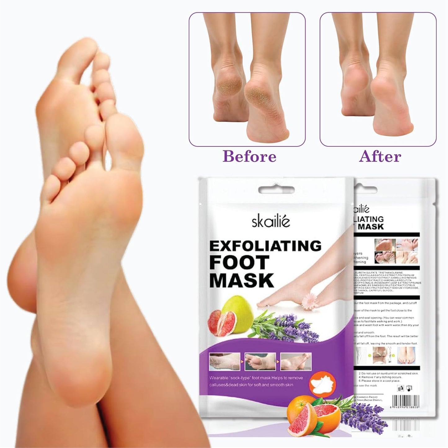 4 Pack- Btone Exfoliating Foot Mask Socks, Foot Mask for Dry Cracked Feet With Lavender & Grapefruit Extract, Foot Masks That Remove Dead Skin & Callus, Feet Exfoliator Socks, Cracked Feet Treatment