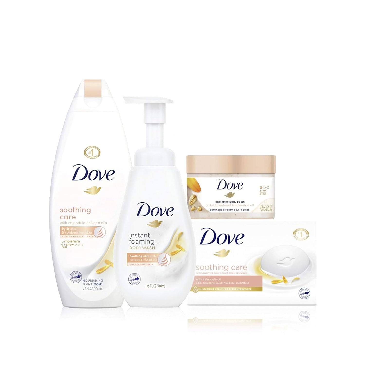 Dove Moisturizing Beauty Bar Soap for Sensitive Skin with Calendula Oil Effectively Washes Away Bacteria, Hydrating and Replenishing Skin Care 3.75 Oz 14 Bars