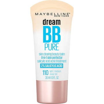 Maybelline Dream Pure Skin Clearing BB Cream, 8-In-1 Skin Perfecting Beauty Balm with 2% Salicylic Acid, Sheer Tint Coverage, Oil-Free, Light/Medium, 1 Count