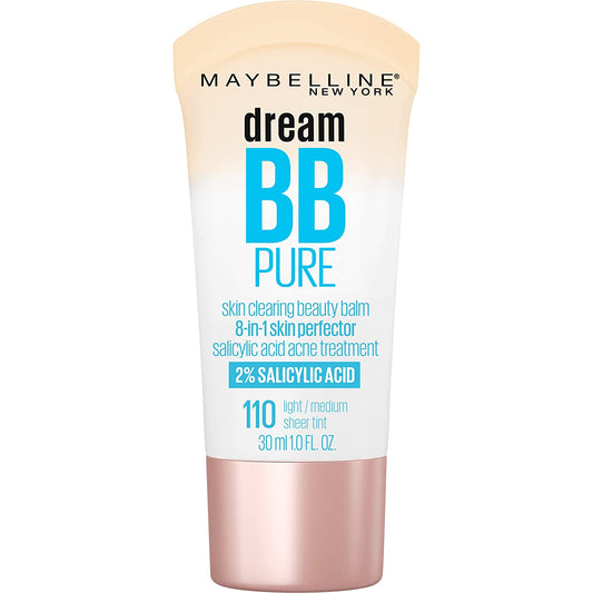 Maybelline Dream Pure Skin Clearing BB Cream, 8-In-1 Skin Perfecting Beauty Balm with 2% Salicylic Acid, Sheer Tint Coverage, Oil-Free, Light/Medium, 1 Count