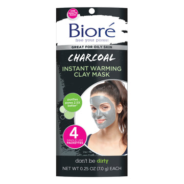 Biore Charcoal Instant Warming Wash-Off Clay Mask, 0.25 Fl Oz 4 Ct