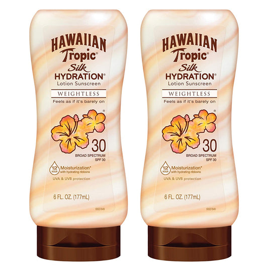 Hawaiian Tropic Weightless Hydration Lotion Sunscreen SPF 30, 6Oz Twin Pack | Oil Free Sunscreen, Hawaiian Tropic Sunscreen SPF 30, Oxybenzone Free Sunscreen, Body Sunscreen Pack, 6Oz Each