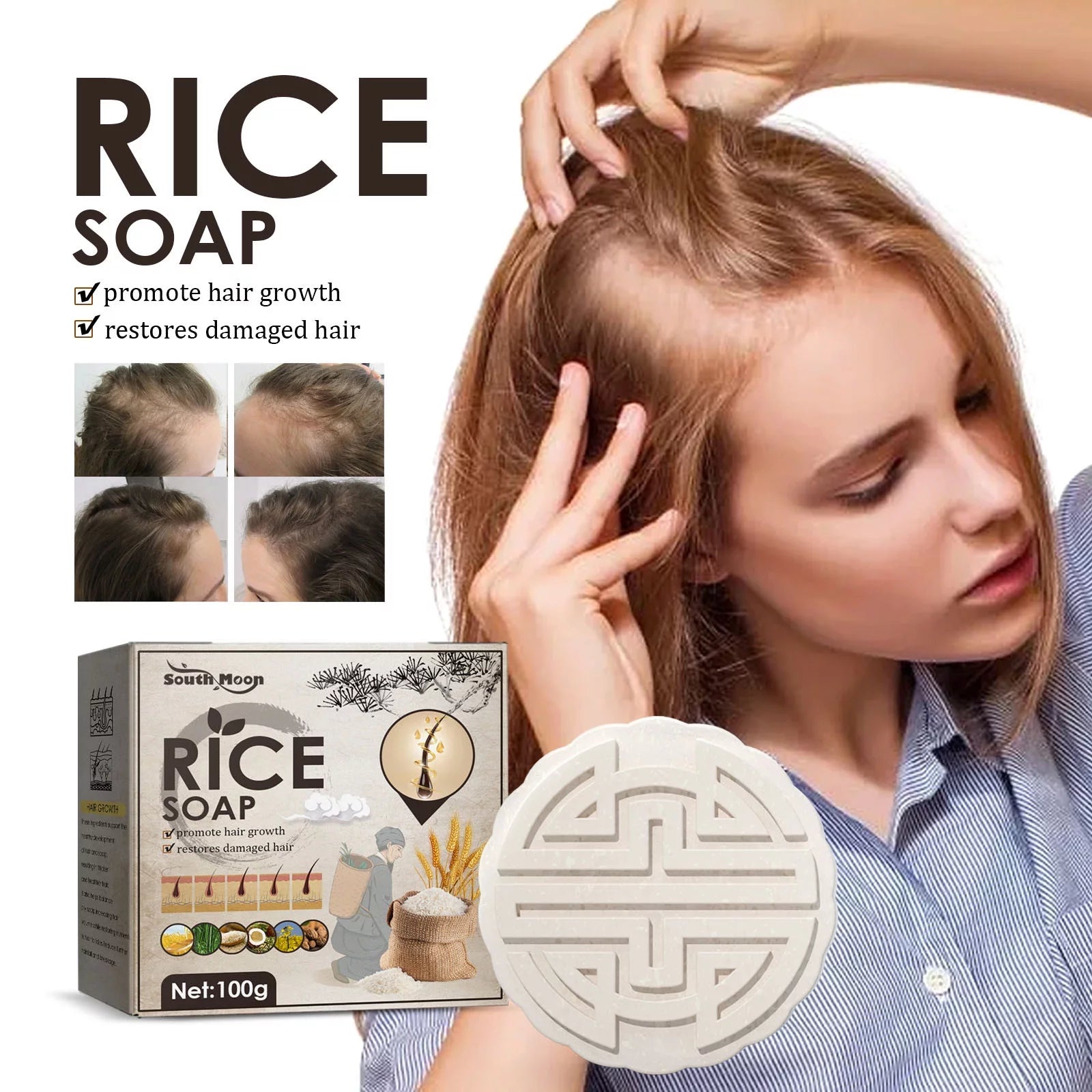 Anti-Hair Loss Rice Shampoo Bar Rice Water Shampoo and Conditioner for Hair Hair Loss Oil Control Shampoo Soap