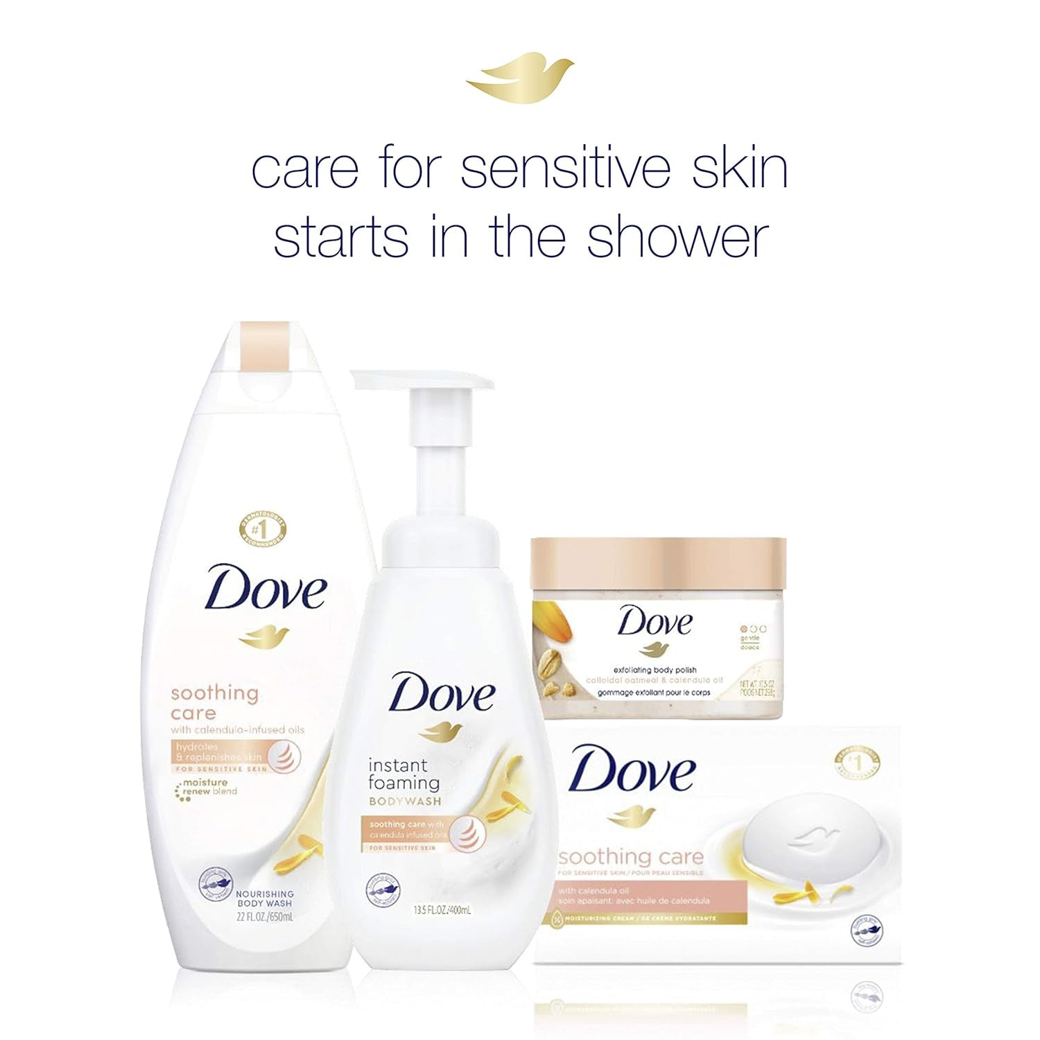 Dove Moisturizing Beauty Bar Soap for Sensitive Skin with Calendula Oil Effectively Washes Away Bacteria, Hydrating and Replenishing Skin Care 3.75 Oz 14 Bars