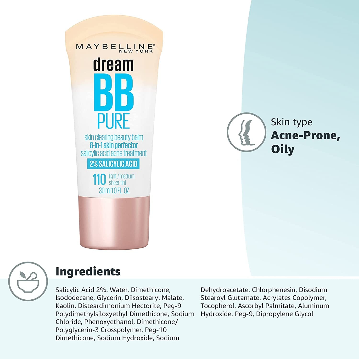 Maybelline Dream Pure Skin Clearing BB Cream, 8-In-1 Skin Perfecting Beauty Balm with 2% Salicylic Acid, Sheer Tint Coverage, Oil-Free, Light/Medium, 1 Count