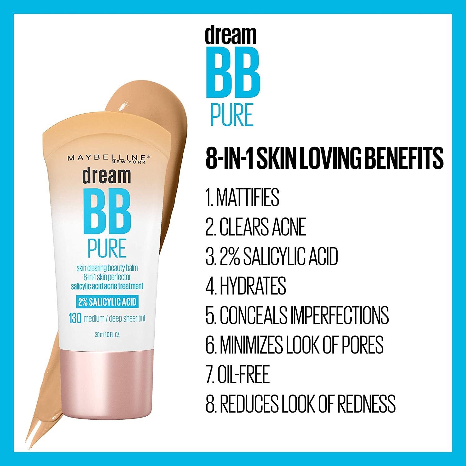 Maybelline Dream Pure Skin Clearing BB Cream, 8-In-1 Skin Perfecting Beauty Balm with 2% Salicylic Acid, Sheer Tint Coverage, Oil-Free, Light/Medium, 1 Count